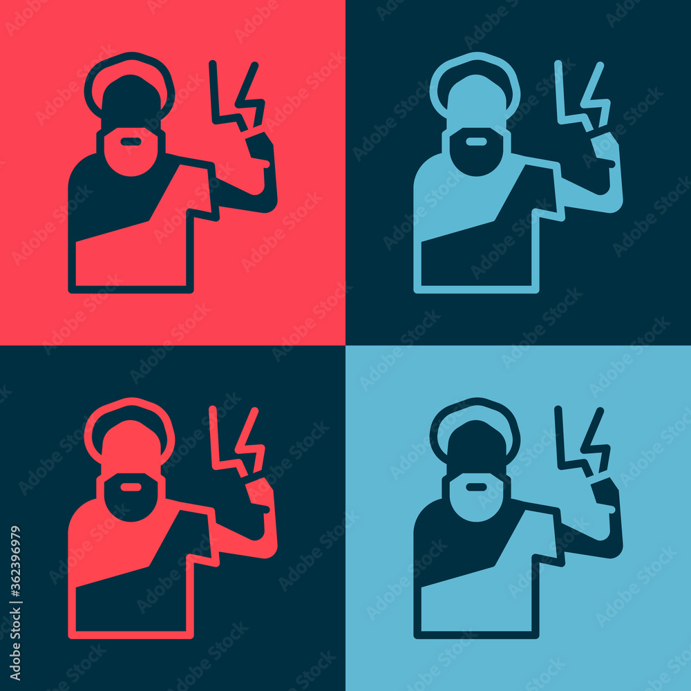 Pop art Zeus icon isolated on color background. Greek god. God of Lightning. Vector. Pop art Zeus icon isolated on color background. Greek god. God of Lightning. Vector.