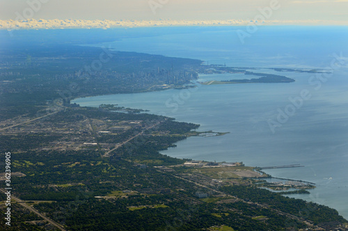 Aerial view of Lake Ontario coastline with Mississauga and Toronto Harbourfront