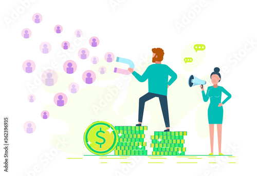 The symbol of digital marketing. Vector business concept - attracting customers and clients to business - businessman holds a magnet