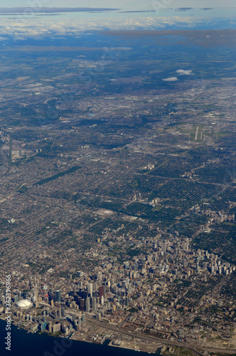 Aerial view of North York and downtown Toronto with highrise towers