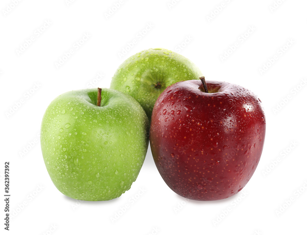 Fresh juicy green and red apples with water drops isolated on white Fresh juicy green and red apples with water drops isolated on white