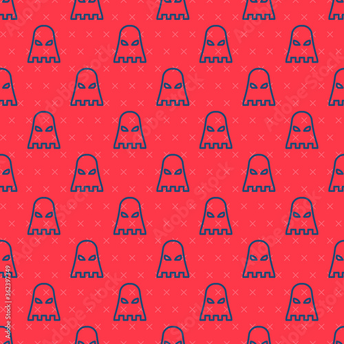 Blue line Executioner mask icon isolated seamless pattern on red background. Hangman, torturer, executor, tormentor, butcher, headsman icon. Vector.