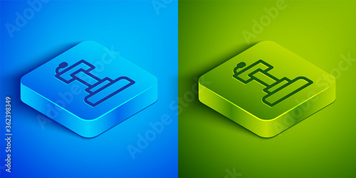 Isometric line Stage stand or debate podium rostrum icon isolated on blue and green background. Conference speech tribune. Square button. Vector.