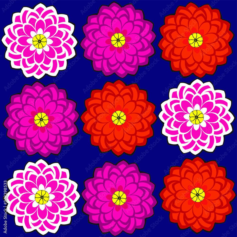 Vector seamless pattern of multi-colored dahlias on a blue background. 