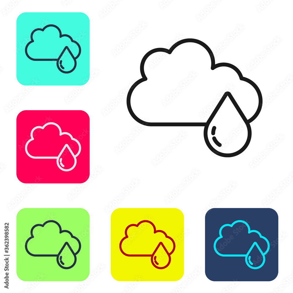 Black line Cloud with rain icon isolated on white background. Rain cloud precipitation with rain drops. Set icons in color square buttons. Vector.