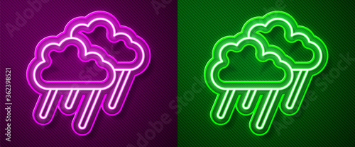 Glowing neon line Cloud with rain icon isolated on purple and green background. Rain cloud precipitation with rain drops. Vector.