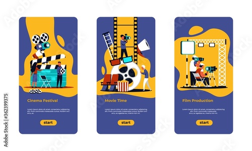 Movie making poster. Film festival, online cinema and movie production banners with cartoon film crew shooting scenes. Vector illustration onboard screens cinema industry