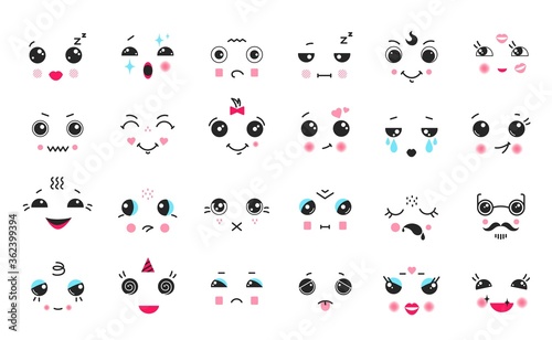 Kawaii faces. Cartoon anime and manga cute emoticons with big black eyes, funny faces with different emotions. Vector cartoons feelings expressions set