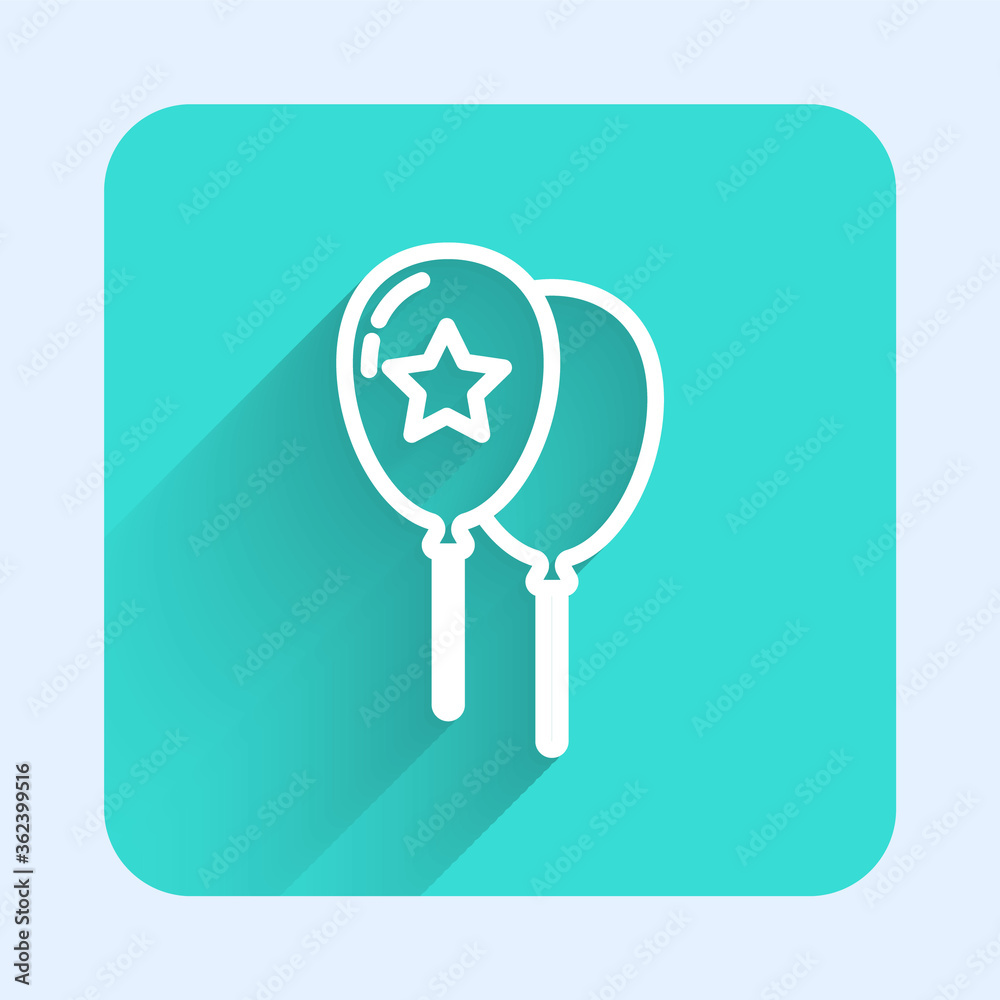 White line Balloons with ribbon icon isolated with long shadow. Happy Easter. Green square button. Vector. White line Balloons with ribbon icon isolated with long shadow. Happy Easter. Green square button. Vector.