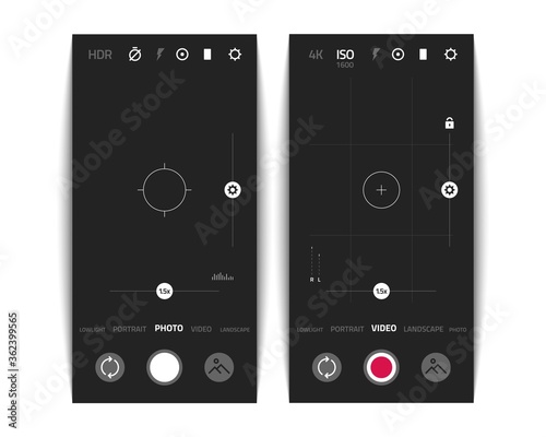 Camera UI. Mobile phone application with photo and video viewfinder and UI elements and buttons. Vector design phone screen with icon setO, hand drawnR and flash