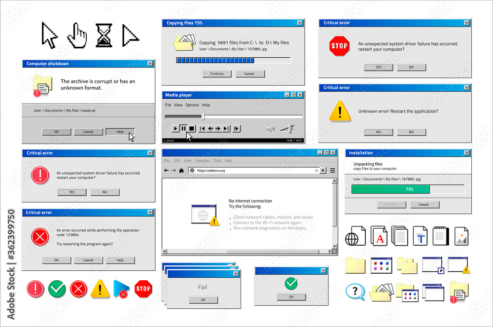 Old computer window. Popup warning, error and installation windows, media  player and file manager classic retro design. Vector illustration vintage  tab 90s software UI vector de Stock | Adobe Stock