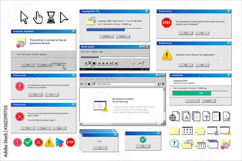 Old computer window. Popup warning, error and installation windows, media player and file manager classic retro design. Vector illustration vintage tab 90s software UI photo