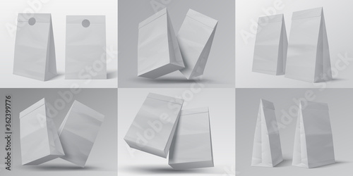 Realistic food bag. White empty paper food box isolated on white for design template. Vector illustration cardboard package mock up set for fast meals pack