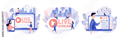 Live streaming. Tiny people watch live stream in social networks. Online video chat. Modern flat cartoon style. Vector illustration on white background
