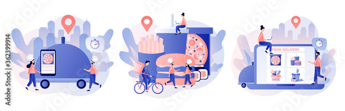 Food delivery service. Tiny people order food online. Chefs and courier prepare food to order. Pizza, burger, french fries,sushi, rice, food basket. Modern flat cartoon style. Vector illustration
