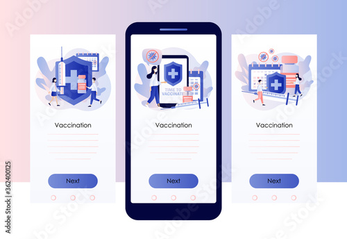 Time to vaccinate. Vaccination concept. Tiny people doctors with vaccine, syringe, bottle and calendar. Screen template for mobile smart phone. Modern flat cartoon style. Vector illustration 