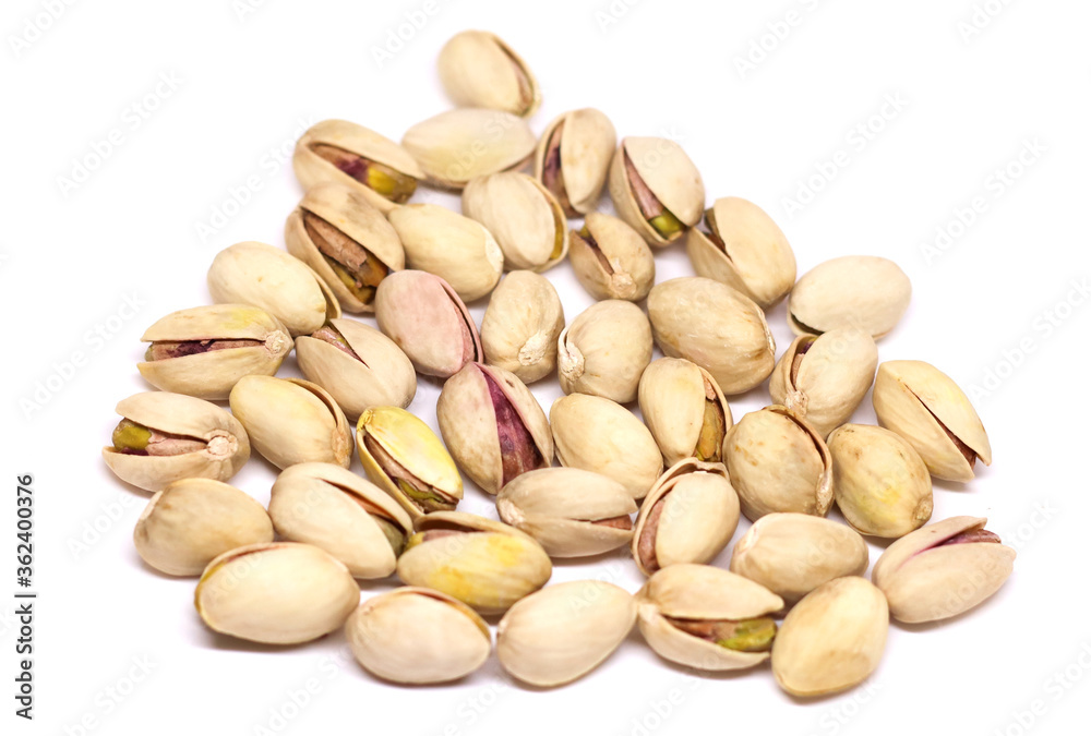 Salted Pistachios close up shot in white background