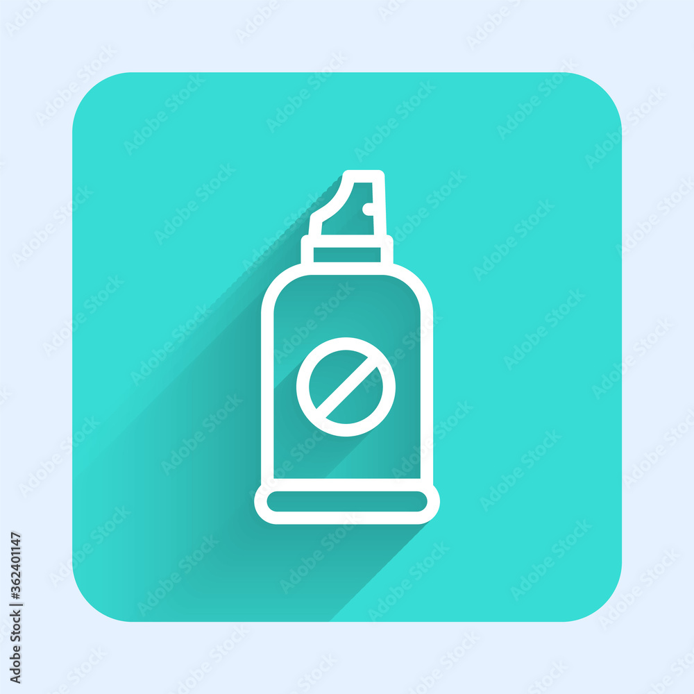 White line Spray against insects icon isolated with long shadow. Green square button. Vector. White line Spray against insects icon isolated with long shadow. Green square button. Vector.