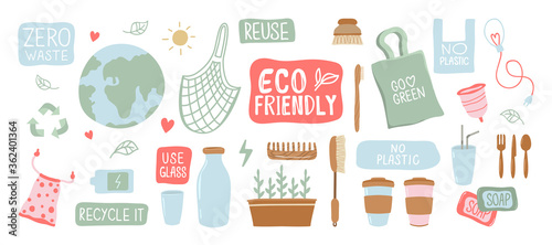 Go green! Save the planet set! Zero waste web banner, eco lifestyle tips infographic. Earth Day. Eco world. Hand drawn cute planet Earth and various eco objects. Hand drawn colored vector set