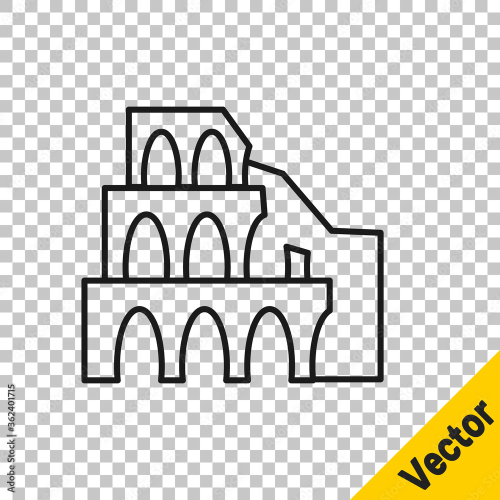 Black line Coliseum in Rome, Italy icon isolated on transparent background. Colosseum sign. Symbol of Ancient Rome, gladiator fights. Vector.