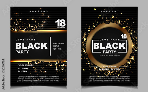 Night party music layout poster design template background with elegant black and light gold style. Luxury cover electro style vector for concert disco  club party  event flyer   invitation nightclub