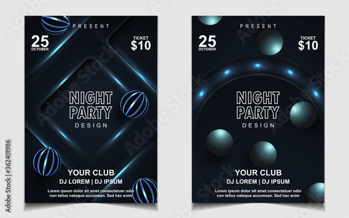 Night dance party music poster flyer layout design template background with neon light and dynamic style. Colorful electro style vector for concert disco, club party, event invitation, cover festival