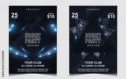 Night dance party music poster flyer layout design template background with neon light and dynamic style. Colorful electro style vector for concert disco, club party, event invitation, cover festival