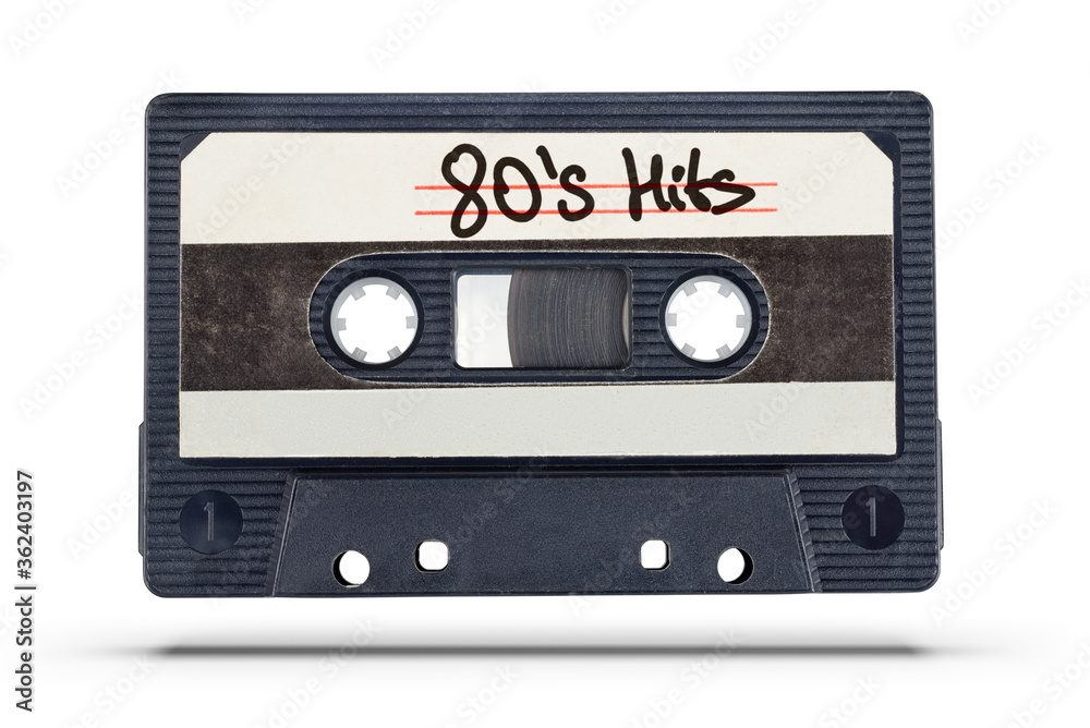 Old audio tape cassette with 80's hits text