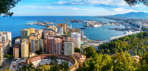 Panoramic view of the Malaga city, harbor and bullfighting arena, Costa del Sol, Malaga Province, Andalucia, Spain, Western Europe