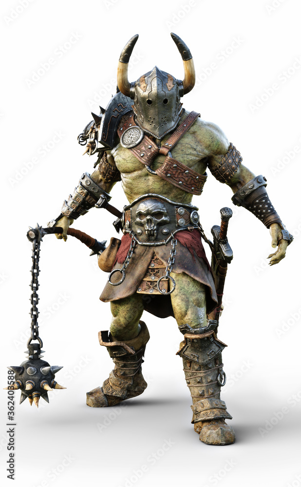 Savage Orc Brute wearing traditional armor and equipped with a flail . Fantasy themed character on an white background. 3d Rendering Savage Orc Brute wearing traditional armor and equipped with a flail . Fantasy themed character on an white background. 3d Rendering