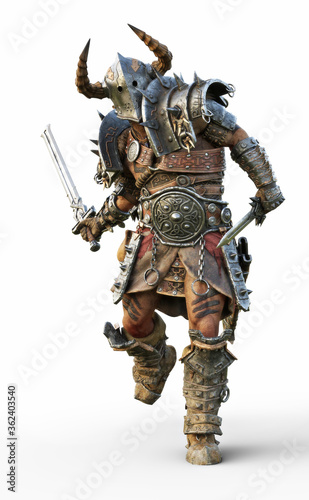 Savage warrior running into battle wearing traditional armor and equipped with a sword . Fantasy themed character on a white background. 3d Rendering