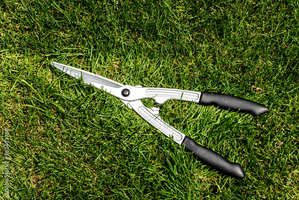 Fototapeta premium Big scissors on green grass. Landscape design.