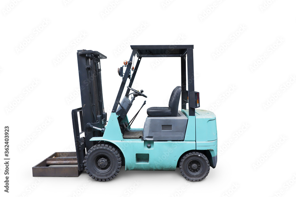 Forklift truck isolated on white background. Side view of cyan Fork hoist.Diesel counterbalance carriage. Warehouse equipment