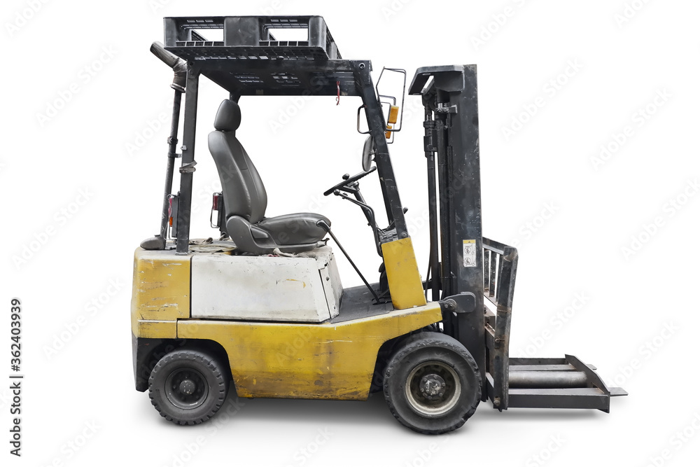 Forklift truck isolated on white background. Side view of yellow black Fork hoist.Diesel counterbalance carriage. Warehouse equipment