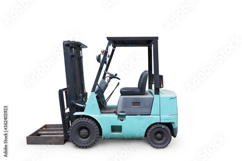 Forklift truck isolated on white background. Side view of cyan Fork hoist.Diesel counterbalance carriage. Warehouse equipment