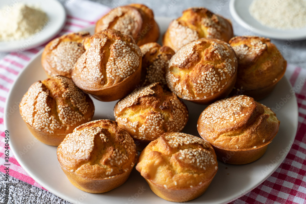 Close up on corn bread muffins in a plate for breakfast - Baked cornbread pone fresh organic vegetarian food - Healthy eating traditional cuisine concept