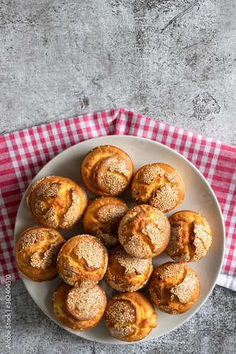 Top view on corn bread muffins in a plate for breakfast - Baked cornbread pone fresh organic vegetarian food - Healthy eating traditional cuisine concept