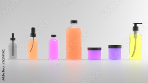 3d render of beauty bottles. Cosmetic bottle 3d background. Set of body care flasks with abstract liquid on white reflective background.....