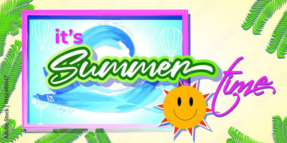 vector illustration for summer vacations, summer vacation background concept with sun, water wave and palm leaves in backdrop 
