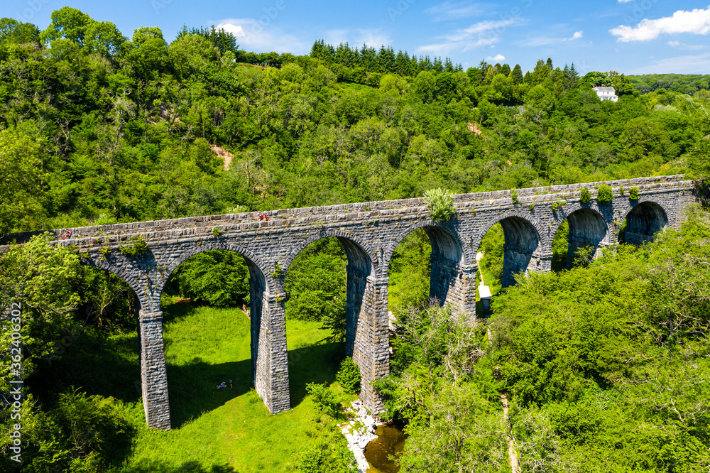 Aerial view of Pontsarn Viaduct near Morlais and Merthyr Tydfil in South Wales. The viaduct is now part of the Taff Trail walking and cycle network