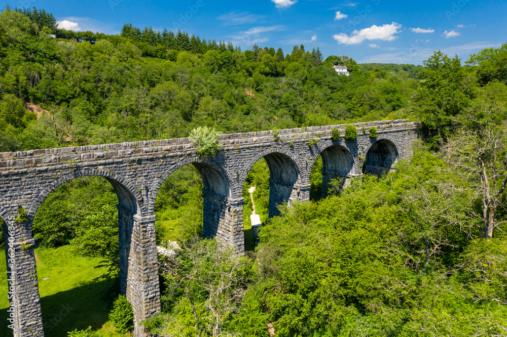 Aerial view of Pontsarn Viaduct near Morlais and Merthyr Tydfil in South Wales. The viaduct is now part of the Taff Trail walking and cycle network
