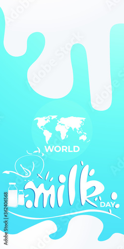 VECTOR ILLUSTRATION FOR WORLD MILK DAY, FRESH MILK BOTTLES, WORLD MAP, WORLD DAY MILK LETTERING , DESIGNER CALLIGRAPHY TEXT WITH COW photo