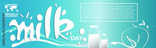 VECTOR ILLUSTRATION FOR WORLD MILK DAY, FRESH MILK BOTTLES, WORLD MAP, WORLD DAY MILK LETTERING , DESIGNER CALLIGRAPHY TEXT WITH COW