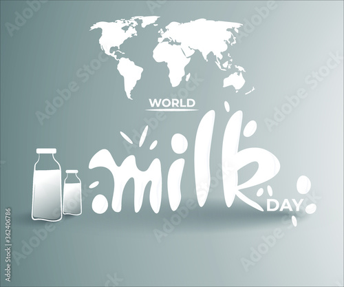 VECTOR ILLUSTRATION FOR WORLD MILK DAY, FRESH MILK BOTTLES, WORLD MAP, WORLD DAY MILK LETTERING , DESIGNER CALLIGRAPHY TEXT WITH COW