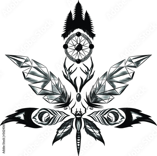 stylized hemp black and white sketch tattoo vector illustration