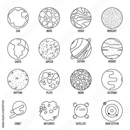Thin line icons of planets. Modern flat line design element vector collection logo illustration concept.