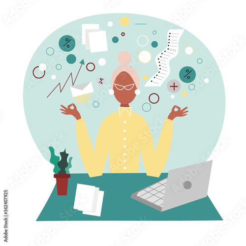 Young women, girl sitting at the table and meditating in office. Women thinling about finances. Percentages, graphics and documents vector illustrations. Keep calm.