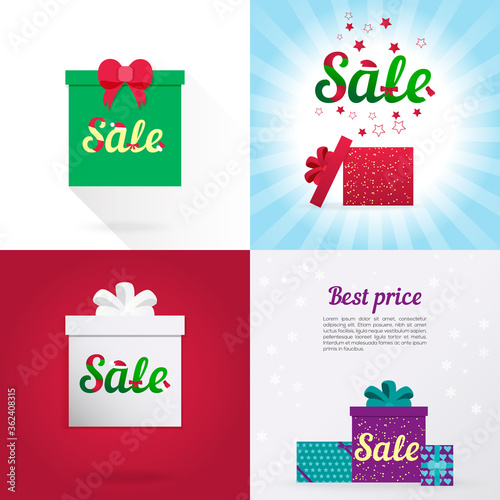 Set of Holiday Sale background with stylized word Sale, of christmas symbols on a gift box. 