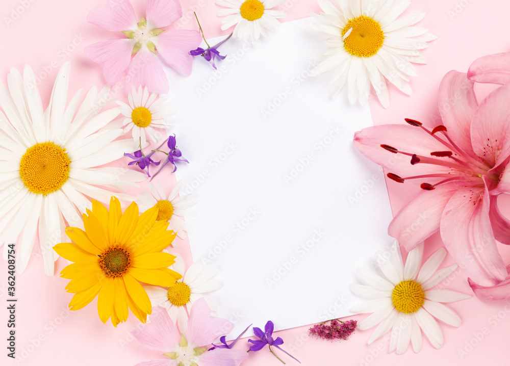 Garden flowers frame over pink