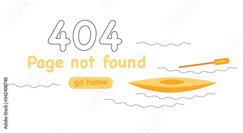 404 system error in doodle style. Page not found. Banner or website template. Lost paddle, missing floating boat. Broken page. Support service. Technical fatal problem.Go home because of disconnection